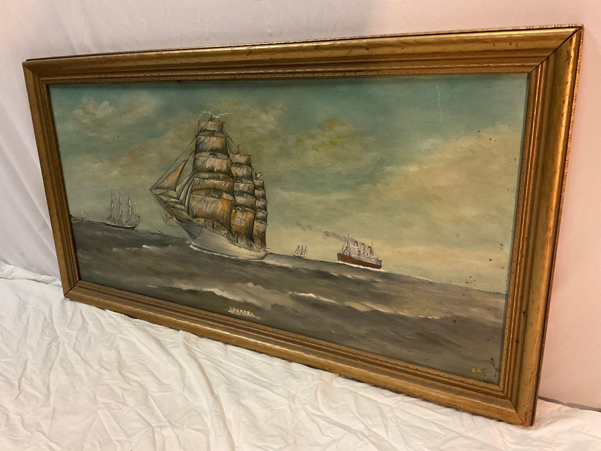 Antique framed original sailing ships painting on board signed by artist Captain Chas Havgard,