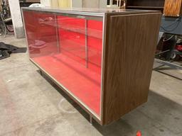 Large vintage standing glass display case, back loading, with two glass shelves, approx 22 x 73 x 40