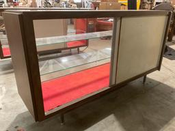 Large vintage standing glass display case, back loading, with two glass shelves, approx 22 x 73 x 40