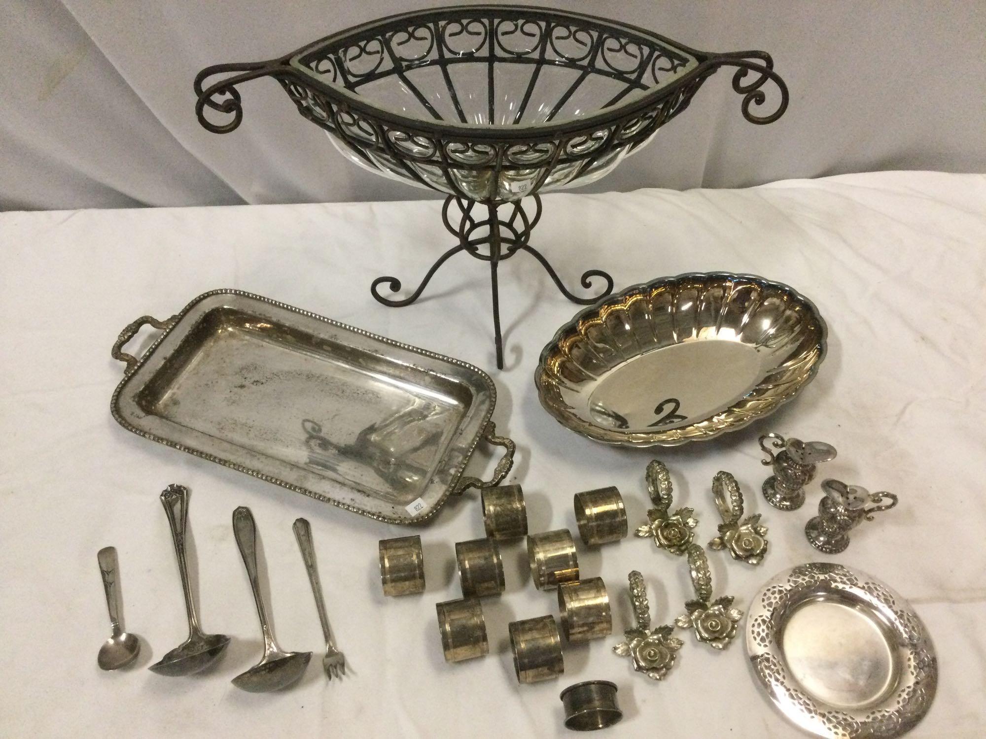 Lot of vintage silverplate tableware, napkin rings, server, bowl, glass bowl centerpiece & more