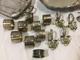 Lot of vintage silverplate tableware, napkin rings, server, bowl, glass bowl centerpiece & more