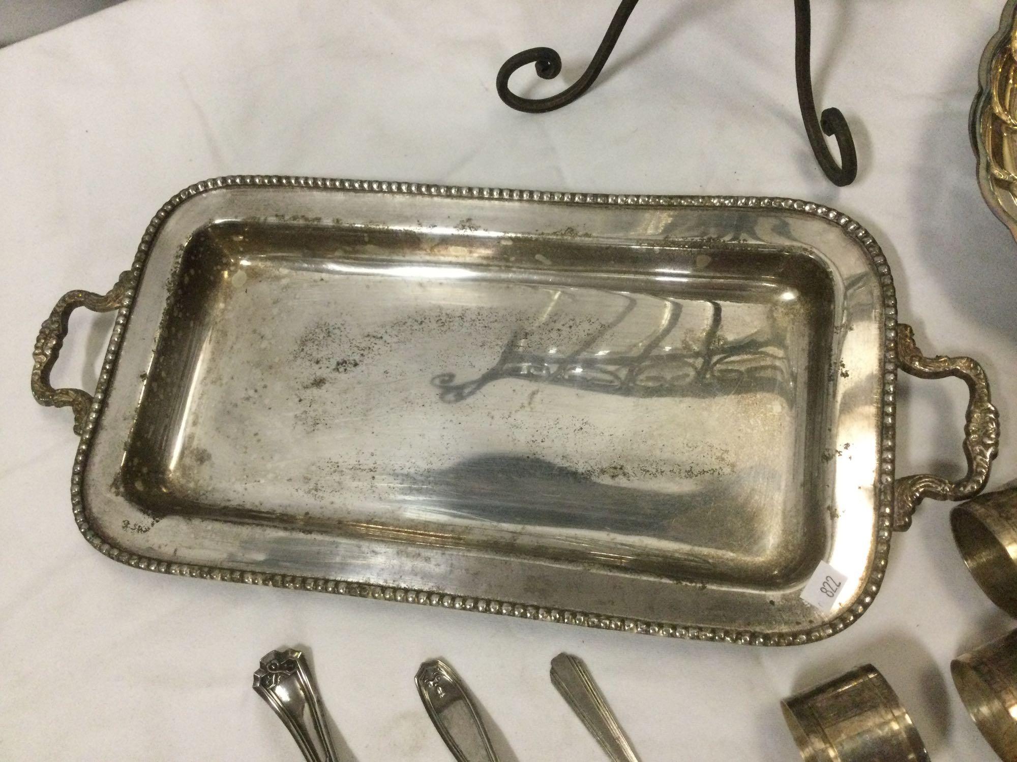 Lot of vintage silverplate tableware, napkin rings, server, bowl, glass bowl centerpiece & more