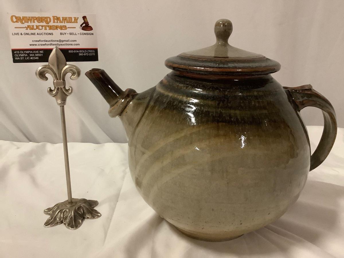 Nice handmade ceramic stoneware tea pot with lid, signed by artist , approx. 9 x 11 in.