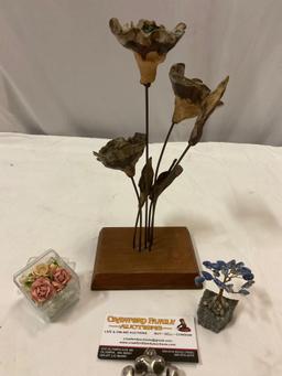 3 pc. Lot of ceramic / stone flower sculptures w/ capodimote style porcelain rose pin/broach, see