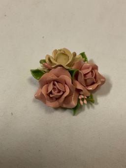 3 pc. Lot of ceramic / stone flower sculptures w/ capodimote style porcelain rose pin/broach, see