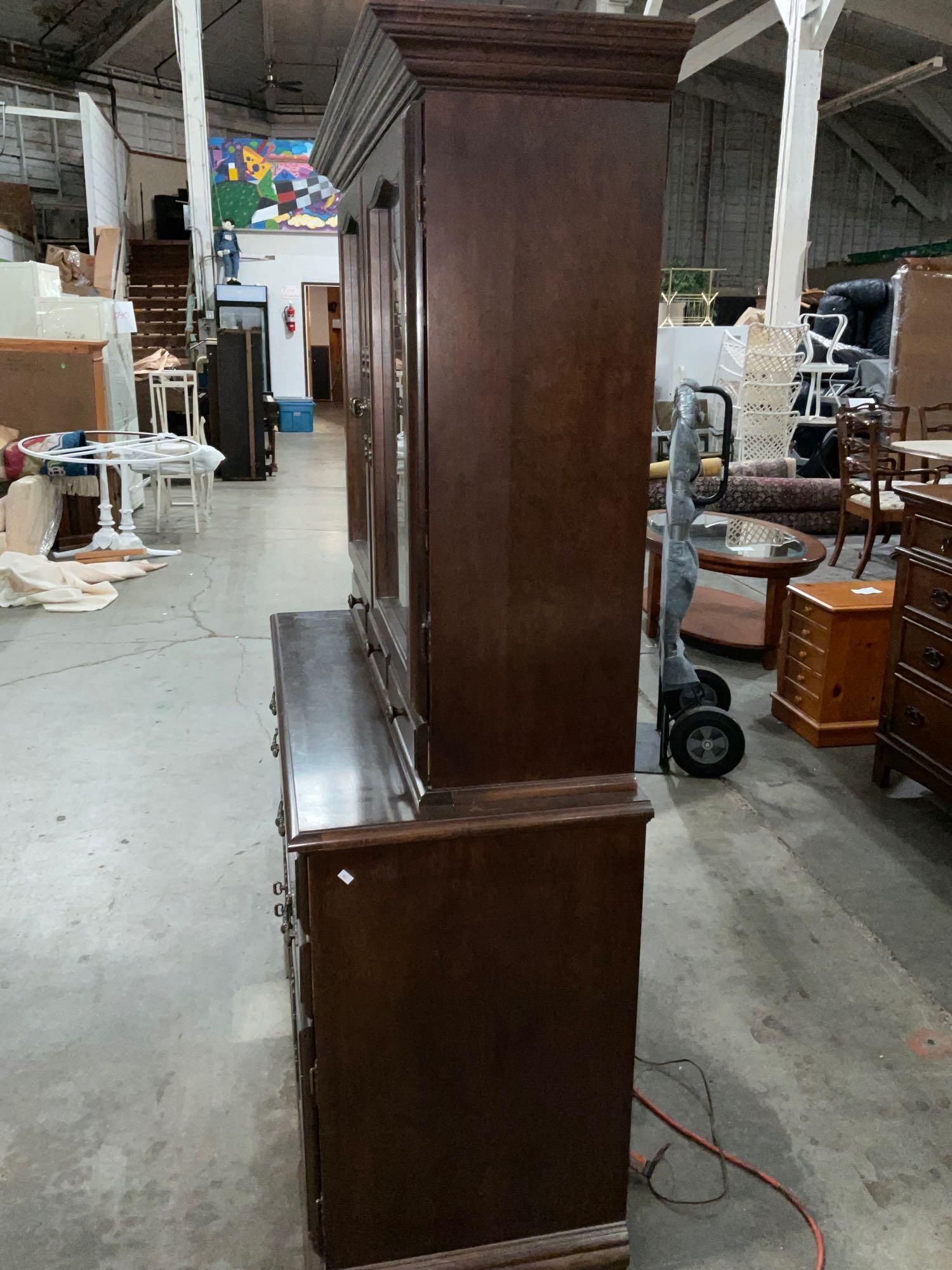 Vintage Oak lighted Display two piece hutch Buffet w/ 2 glass shelves and mirrored back.