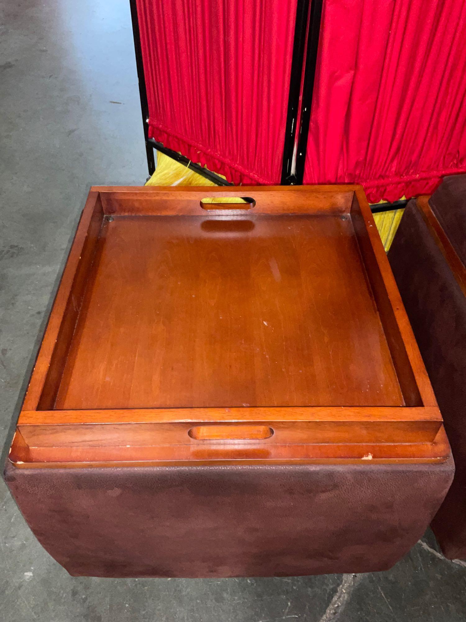 Pair of lazy boy brown faux suede leather ottomans w / Storage, tops are reversible serving trays