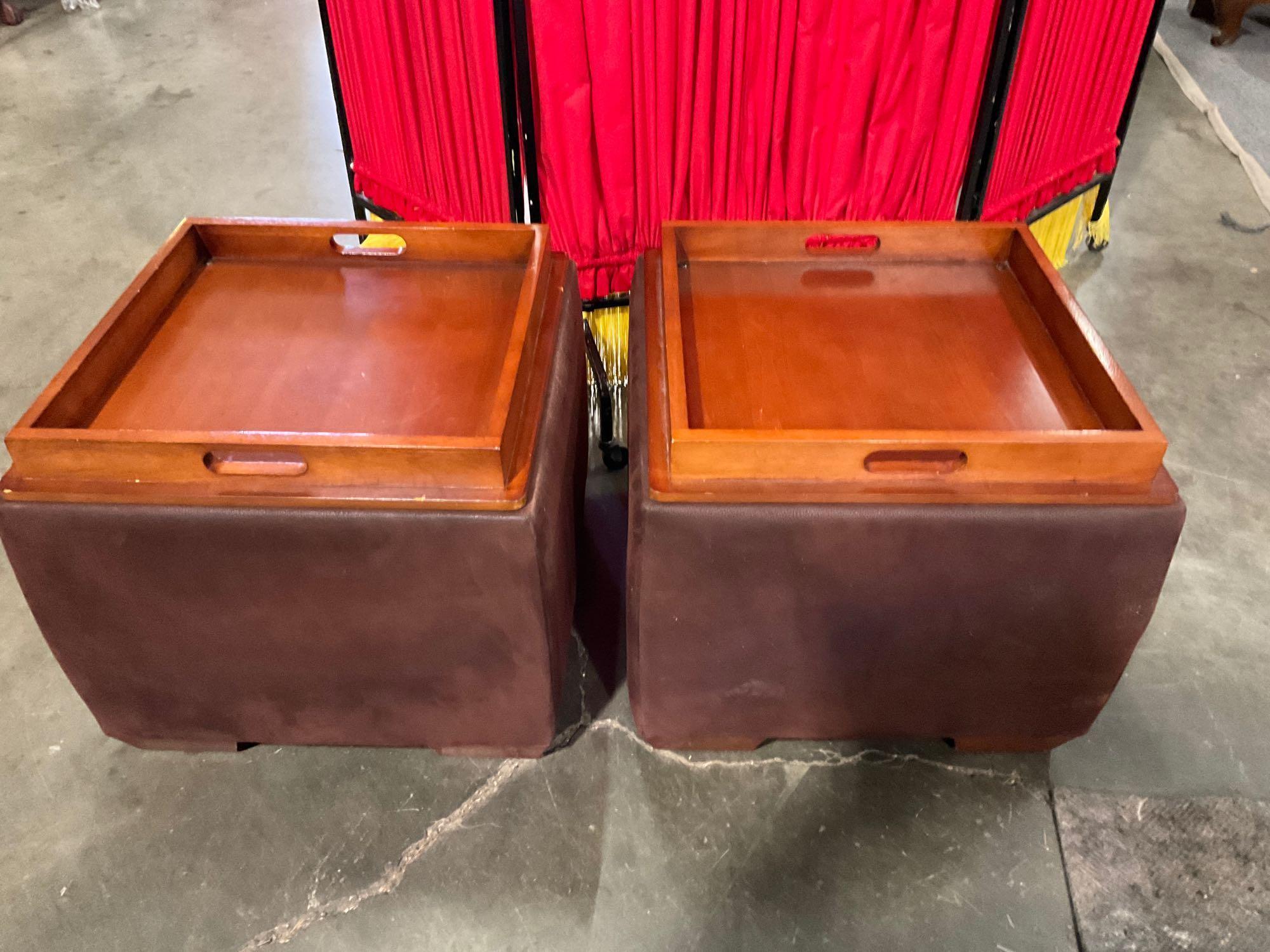 Pair of lazy boy brown faux suede leather ottomans w / Storage, tops are reversible serving trays