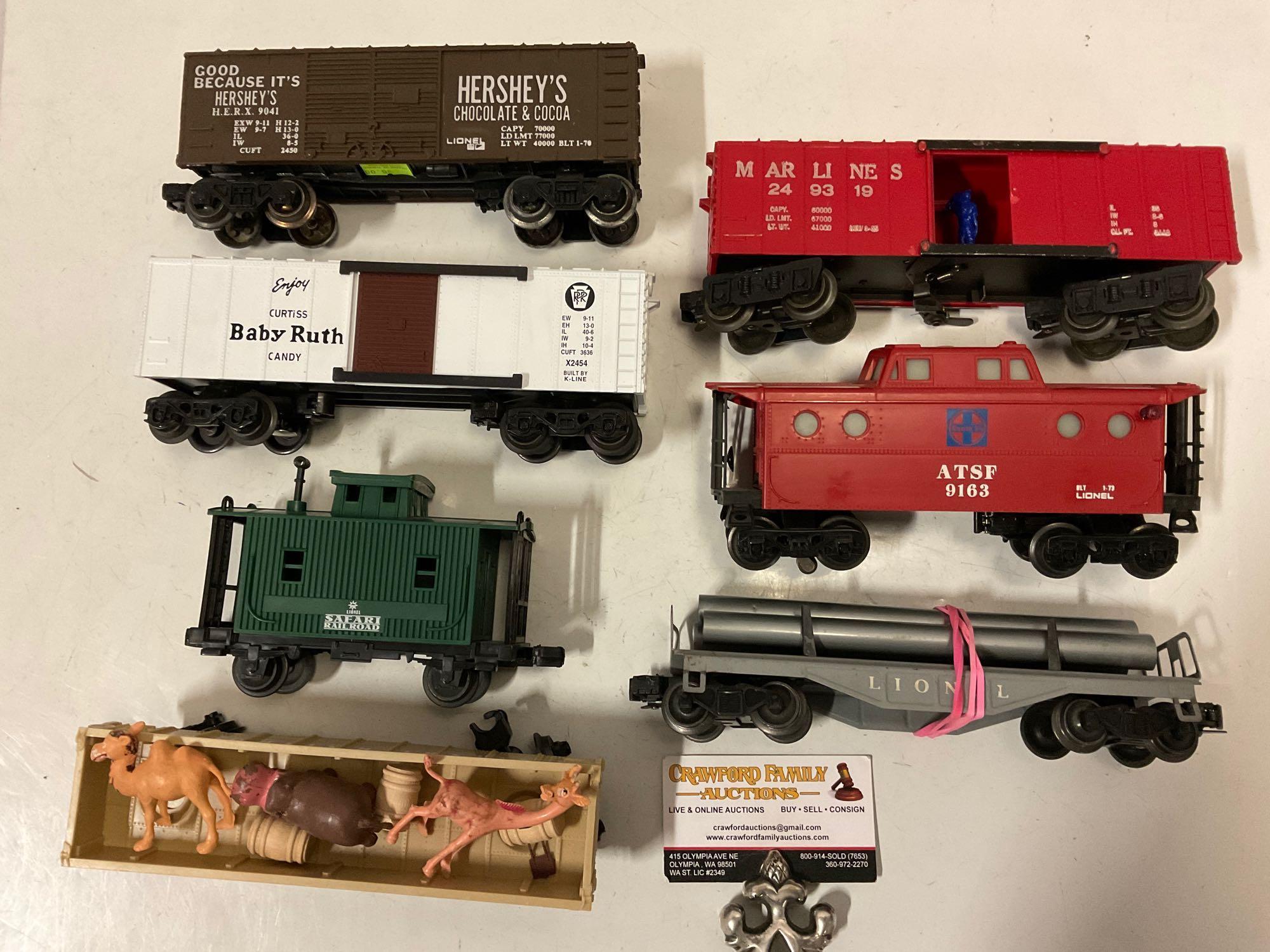 7 pc. lot vintage LIONEL ELECTRIC TRAINS Locomotive O Scale train cars / Safari caboose, Hershey?s &