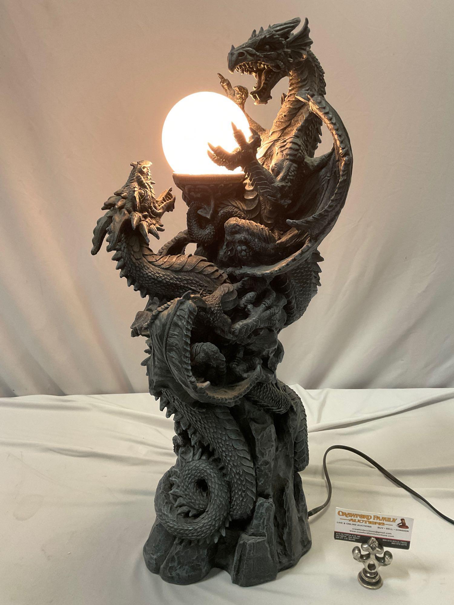 Stunning highly detailed handmade ACK dragon lamp, tested / working, approx 10 x 27 in.