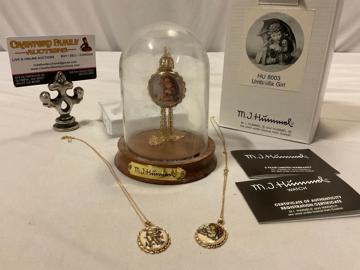 GOEBEL M.J. HUMMEL Umbrella Girl watch & 2 pendant necklace set w/ display case & box.
