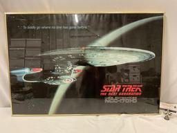 framed STAR TREK The Next Generation USS Enterprise poster, glass is cracked / sold as is