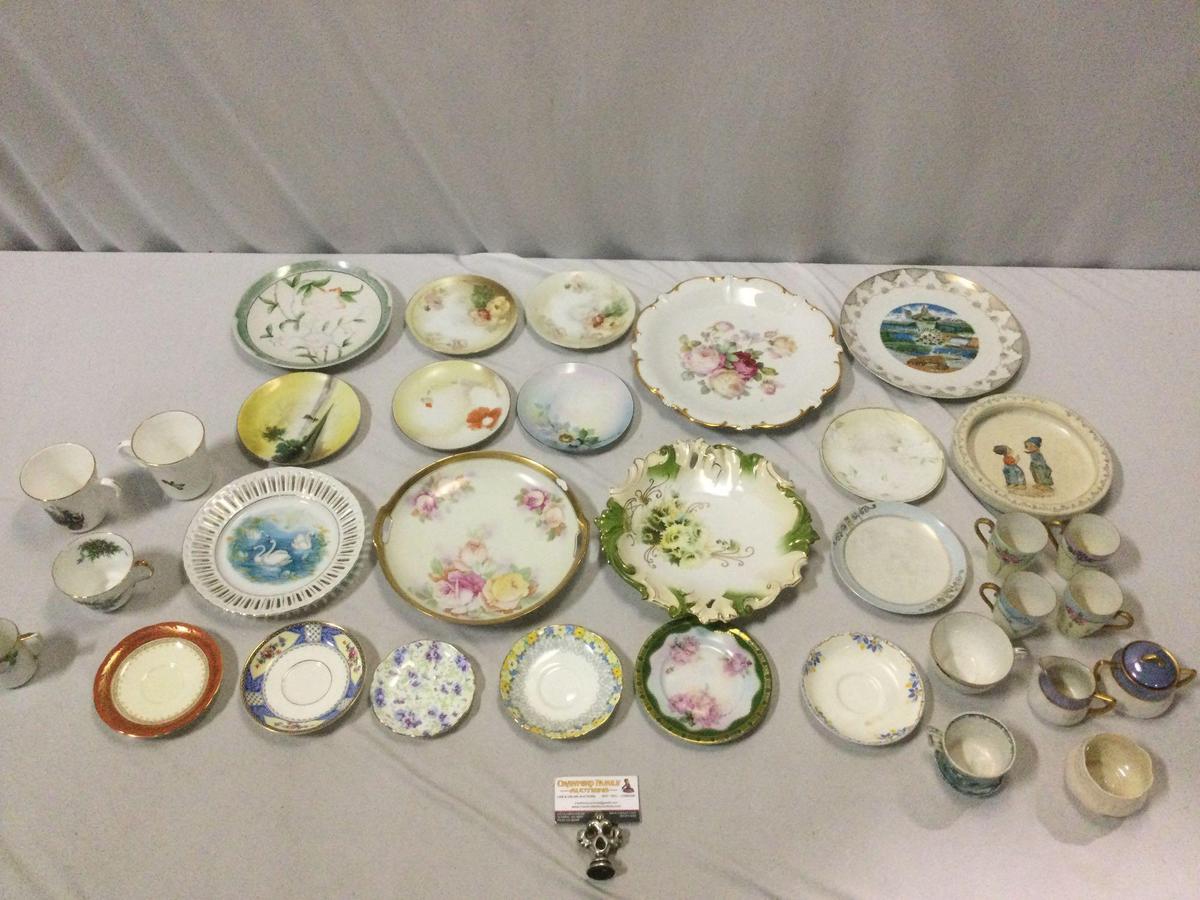 Large lot of vintage/antique porcelain tableware, cups, saucers, plates, bowls, shows wear, see