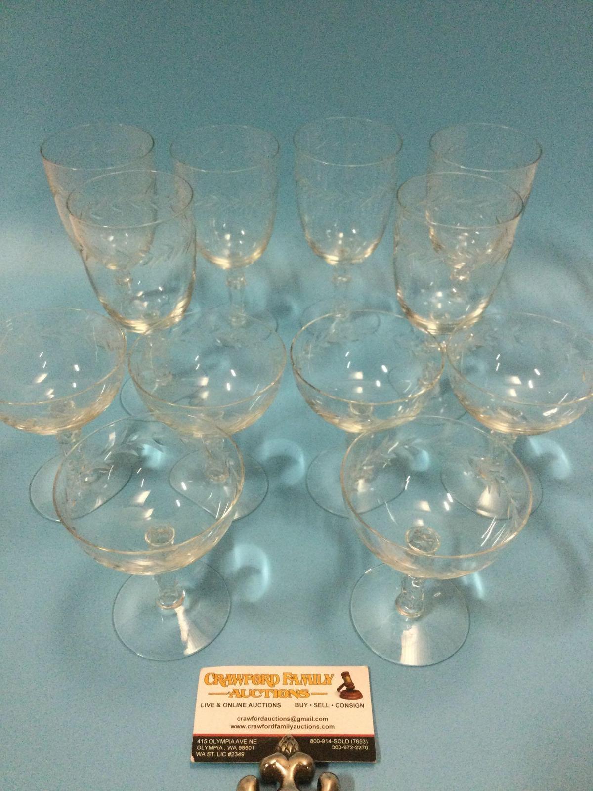 12 pc. Lot of mid century Crystal stem drinking glasses in 2 styles.