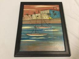 Framed original painting of boats signed by artist Linn, approx 13 x 16 in.