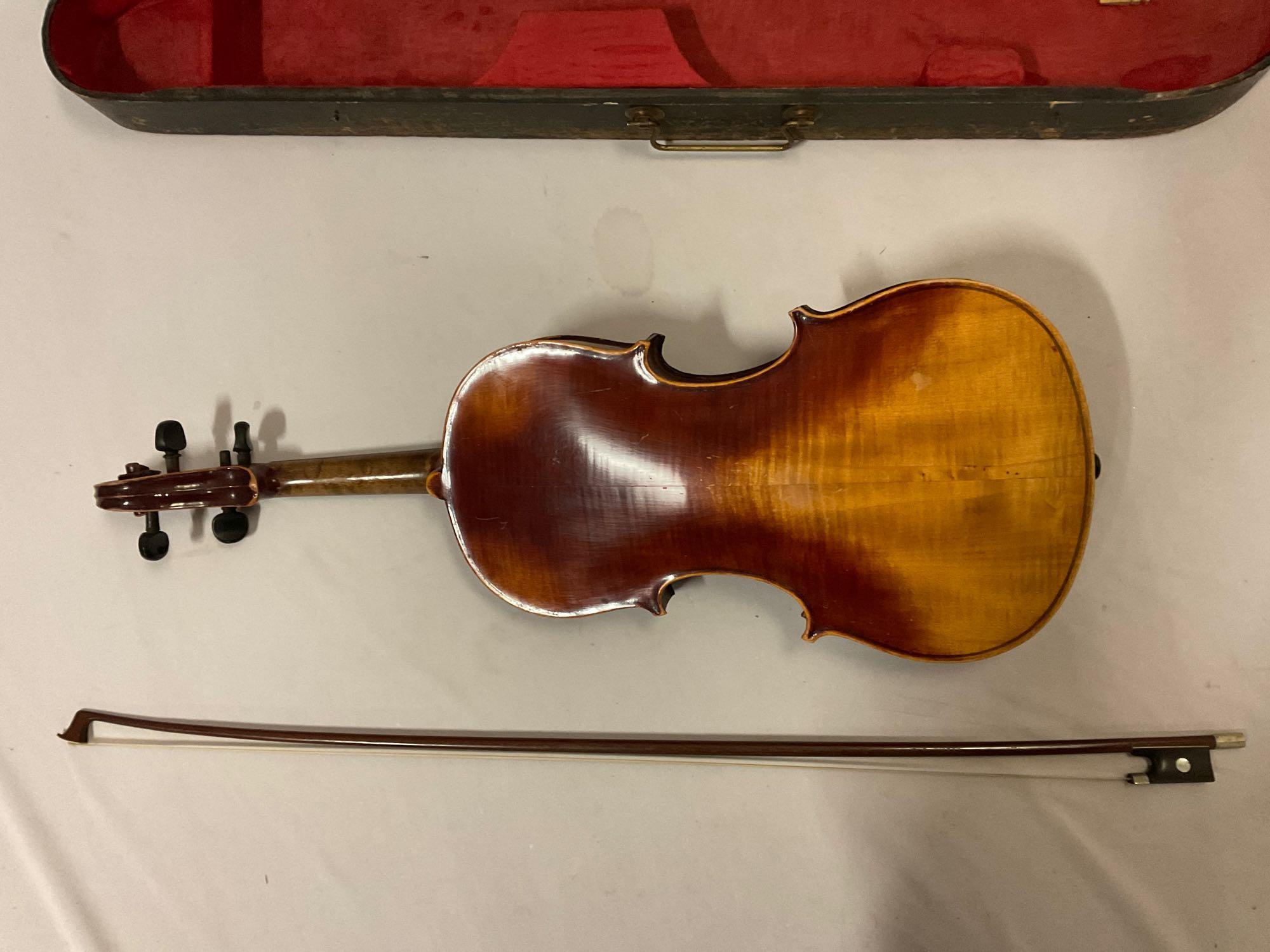 Antique Copy of Antonius Stradivarius German wood violin w/ wooden case & bow, sold as is