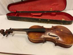 Antique Copy of Antonius Stradivarius German wood violin w/ wooden case & bow, sold as is