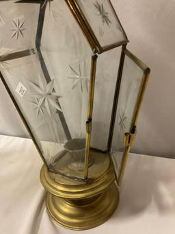 Pair of antique brass / cut glass candlestick lanterns, approx 6 x 20 in.