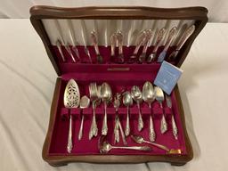 Vintage 74 pc. lot of COMMUNITY silver plate flatware set w/ wood case, approx 17 x 11 x 4 in.