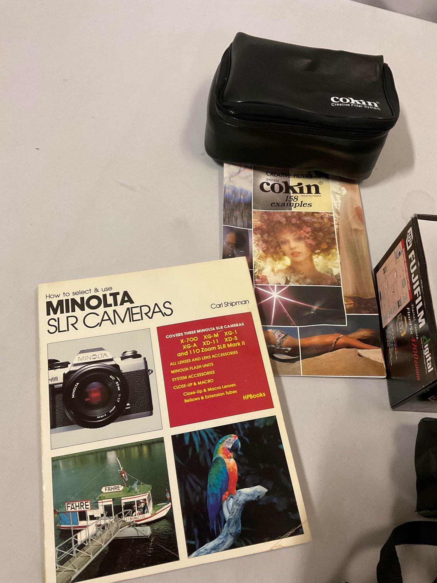 Large lot of camera equipment; 35 mm MINOLTA X-700 MPS, Canon EOS Rebel G, Cokin Creative Filter