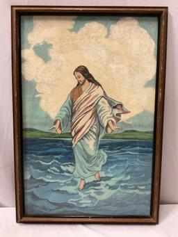 Vintage framed original painting of Jesus Christ walking on water, approx 13 x 19 in.