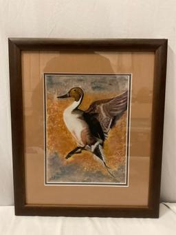 Framed Duck wildlife art print by artist MCA, approx 16 x 19 in.