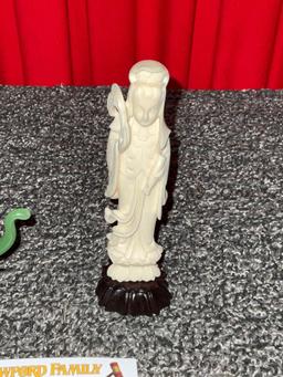 Vintage/Antique hand Carved bone figure of an empress, and hand carved Jade elephant