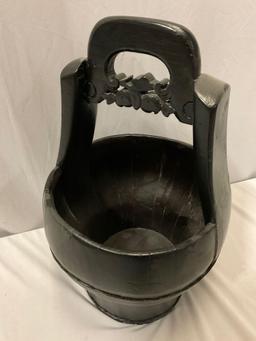 Chinese NADEAU wood carved water bucket w/ nice details, approx 10 x 18 x 10 in.