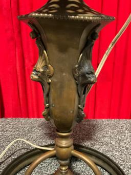 art deco antique electric brass hanging ceiling lamp front w/ masked animal / man motif