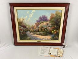 Large framed signed / numbered Thomas Kinkade COBBLESTONE LANE III w/ hand drawn image, COA,