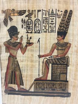 Framed vintage Egyptian papyrus pharaoh art work, approx 18 x 22 in.