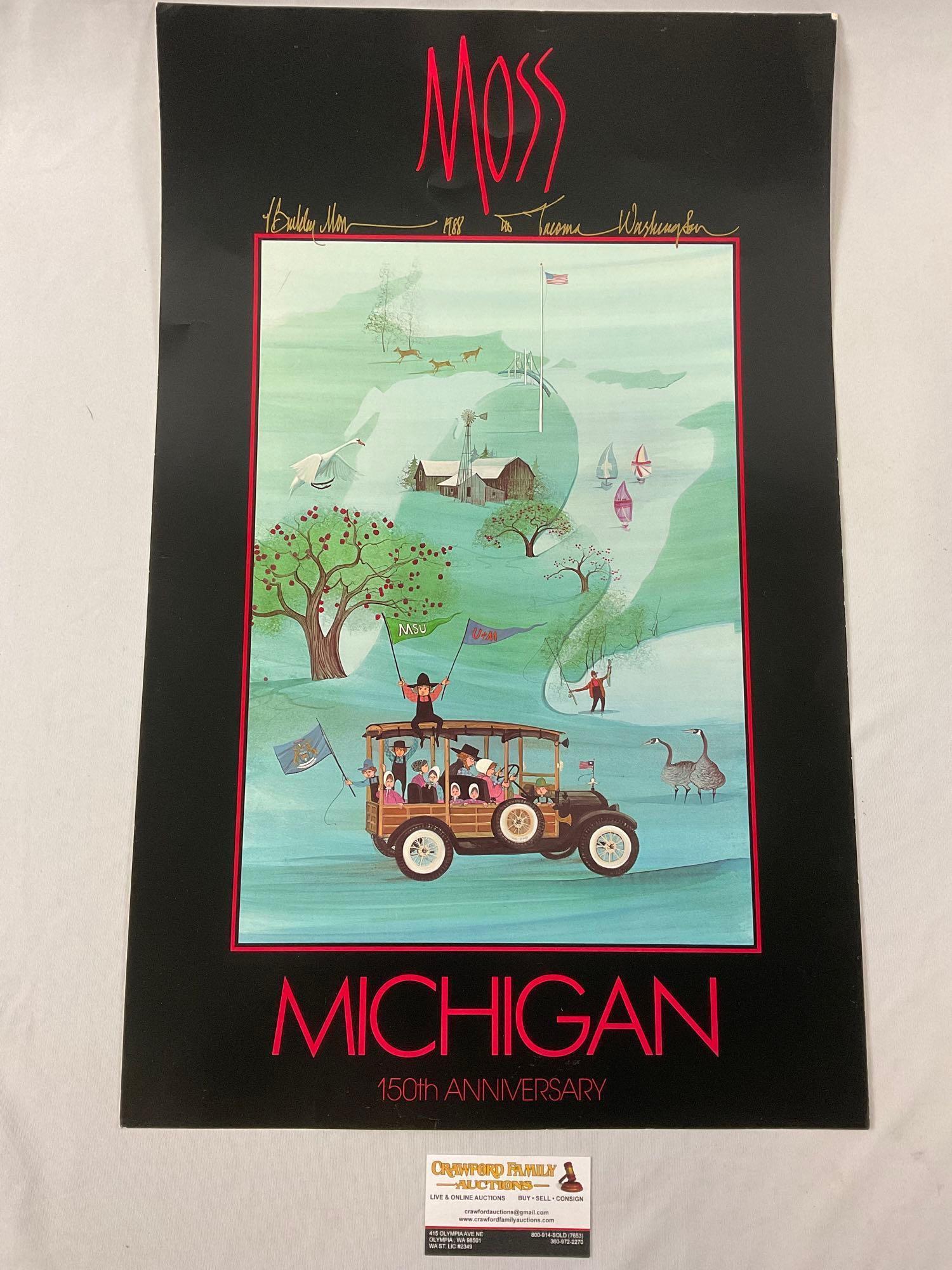 1988 signed poster print by Pat Buckley Moss - MICHIGAN 150th Anniversary, approx 25.5 x 16 in.