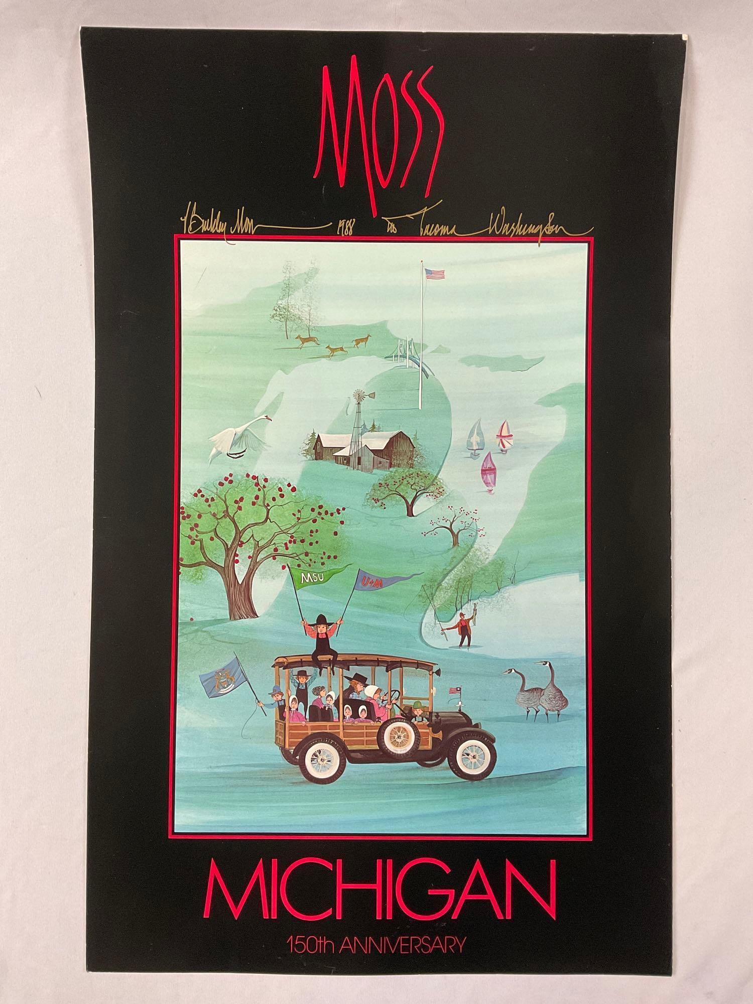 1988 signed poster print by Pat Buckley Moss - MICHIGAN 150th Anniversary, approx 25.5 x 16 in.