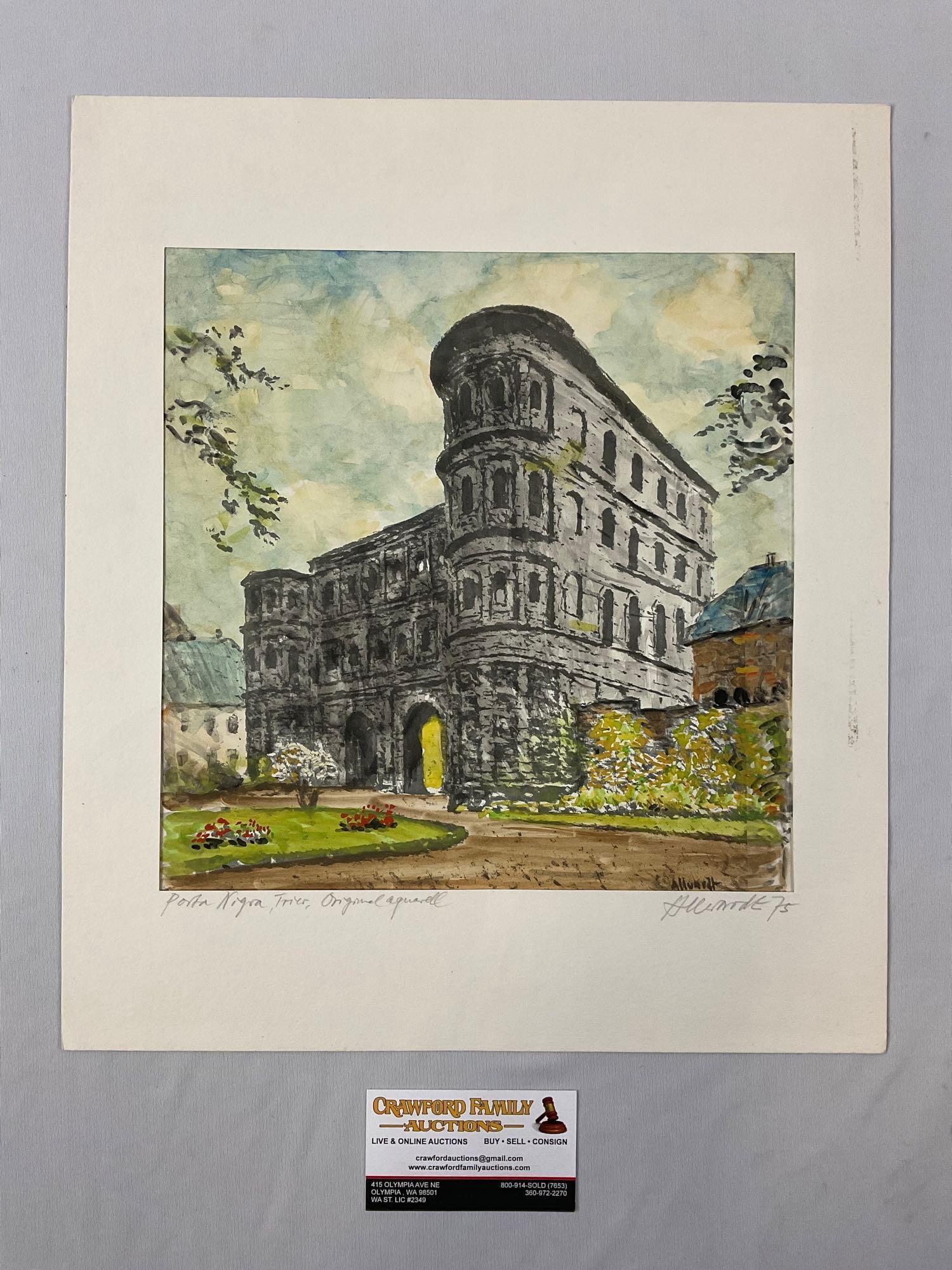 Vintage original signed German watercolor artwork, Porta Nigra, approx 14 x 16 in.