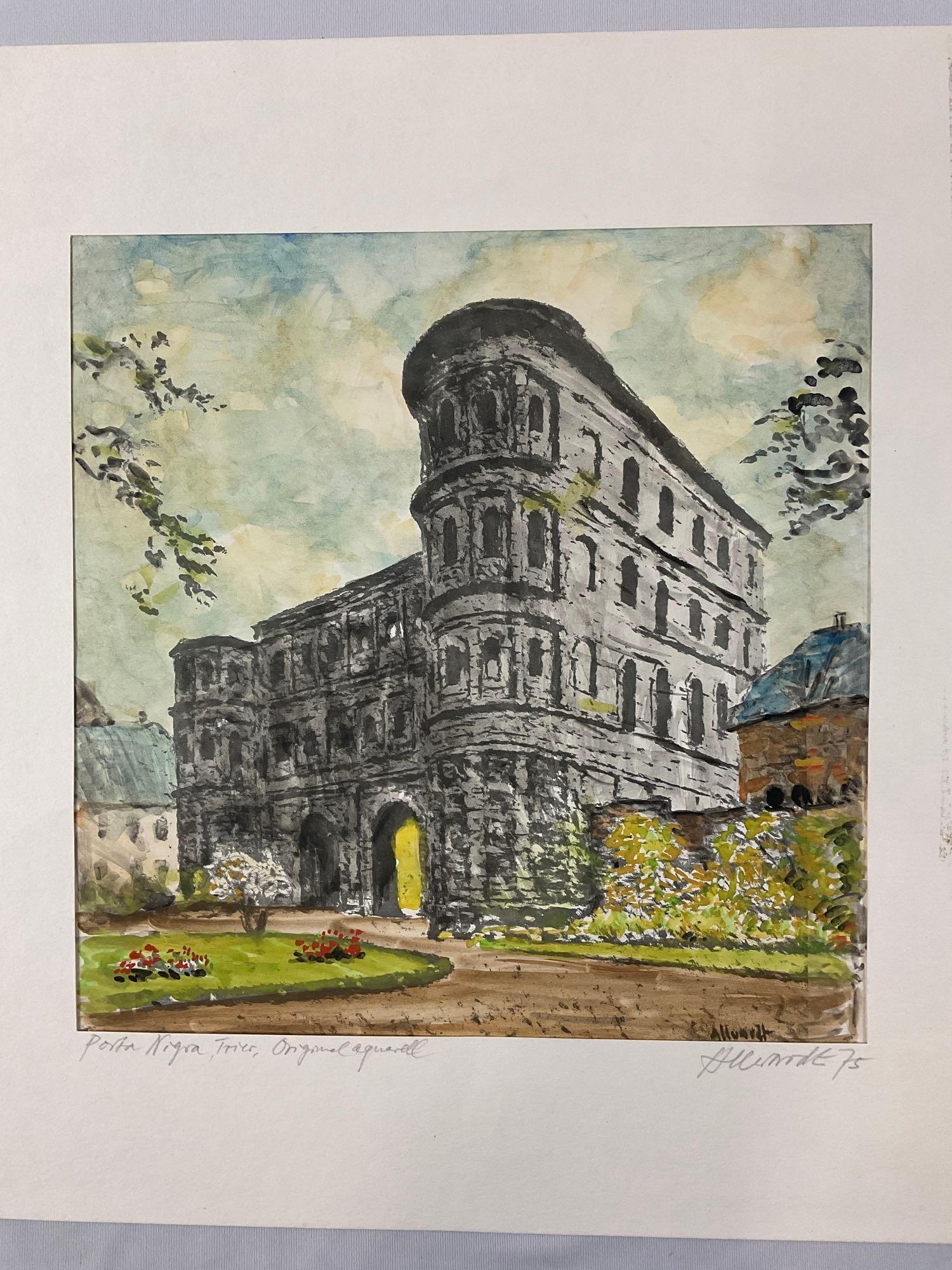 Vintage original signed German watercolor artwork, Porta Nigra, approx 14 x 16 in.