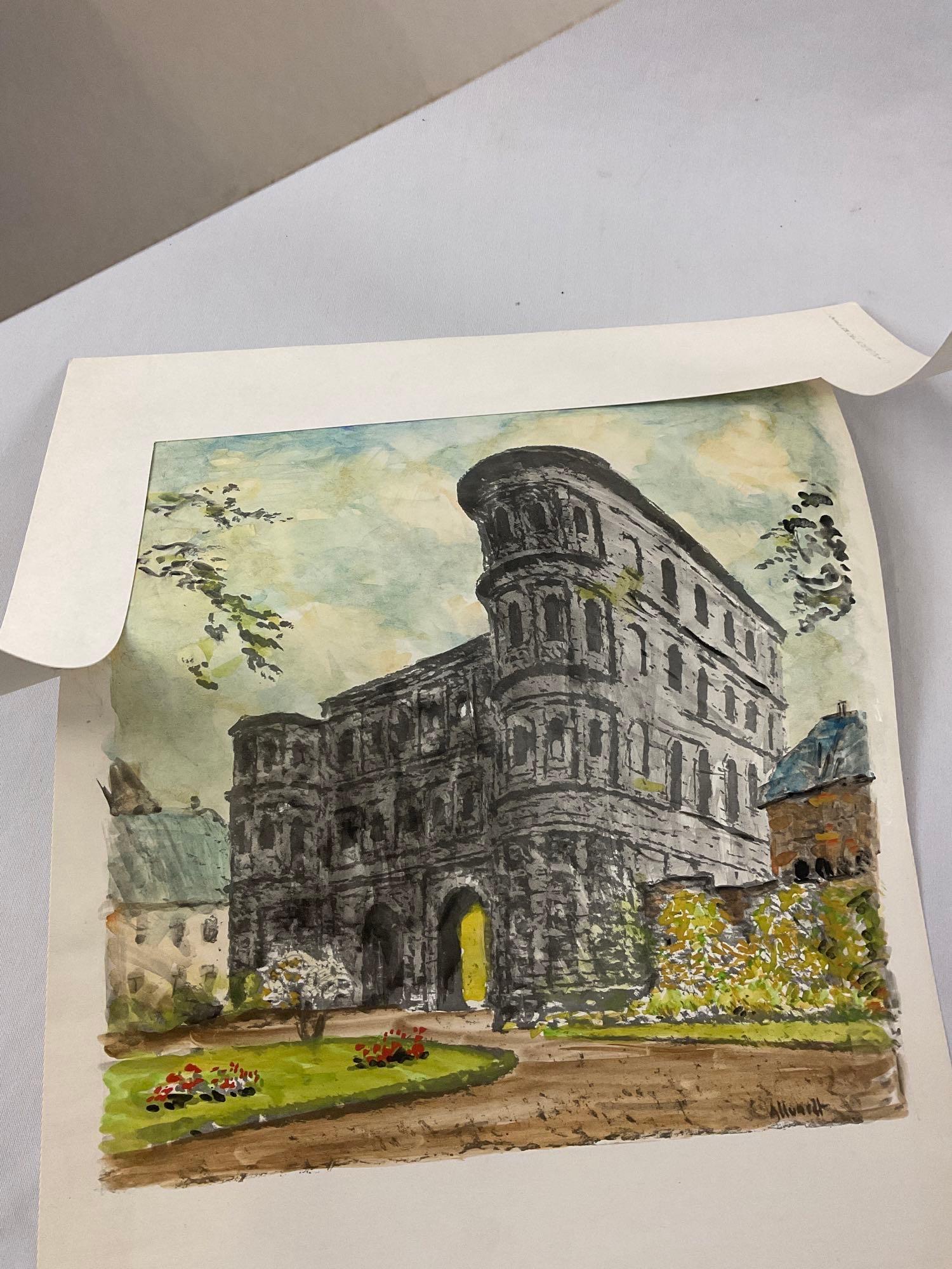 Vintage original signed German watercolor artwork, Porta Nigra, approx 14 x 16 in.