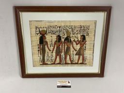 Framed vintage Egyptian papyrus pharaoh art work, approx 22 x 18 in.