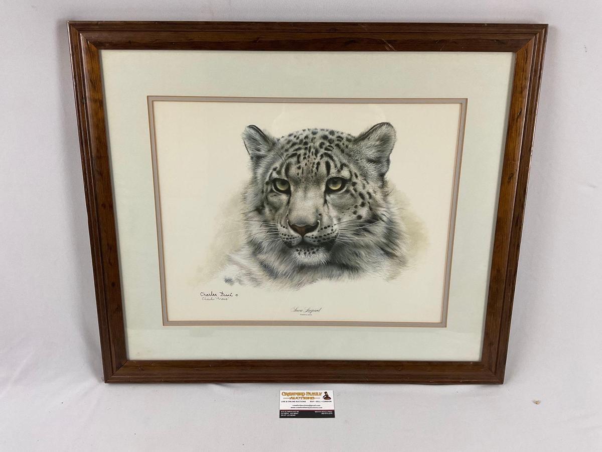 Framed vintage signed vintage art print SNOW LEOPARD by Charles Frace w/ folder/ paperwork