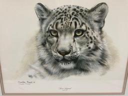 Framed vintage signed vintage art print SNOW LEOPARD by Charles Frace w/ folder/ paperwork