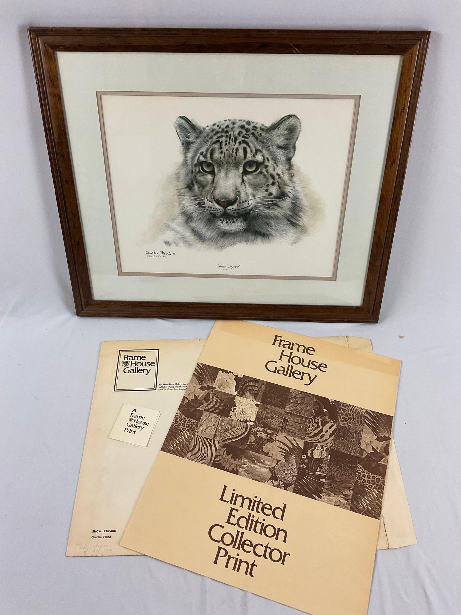 Framed vintage signed vintage art print SNOW LEOPARD by Charles Frace w/ folder/ paperwork