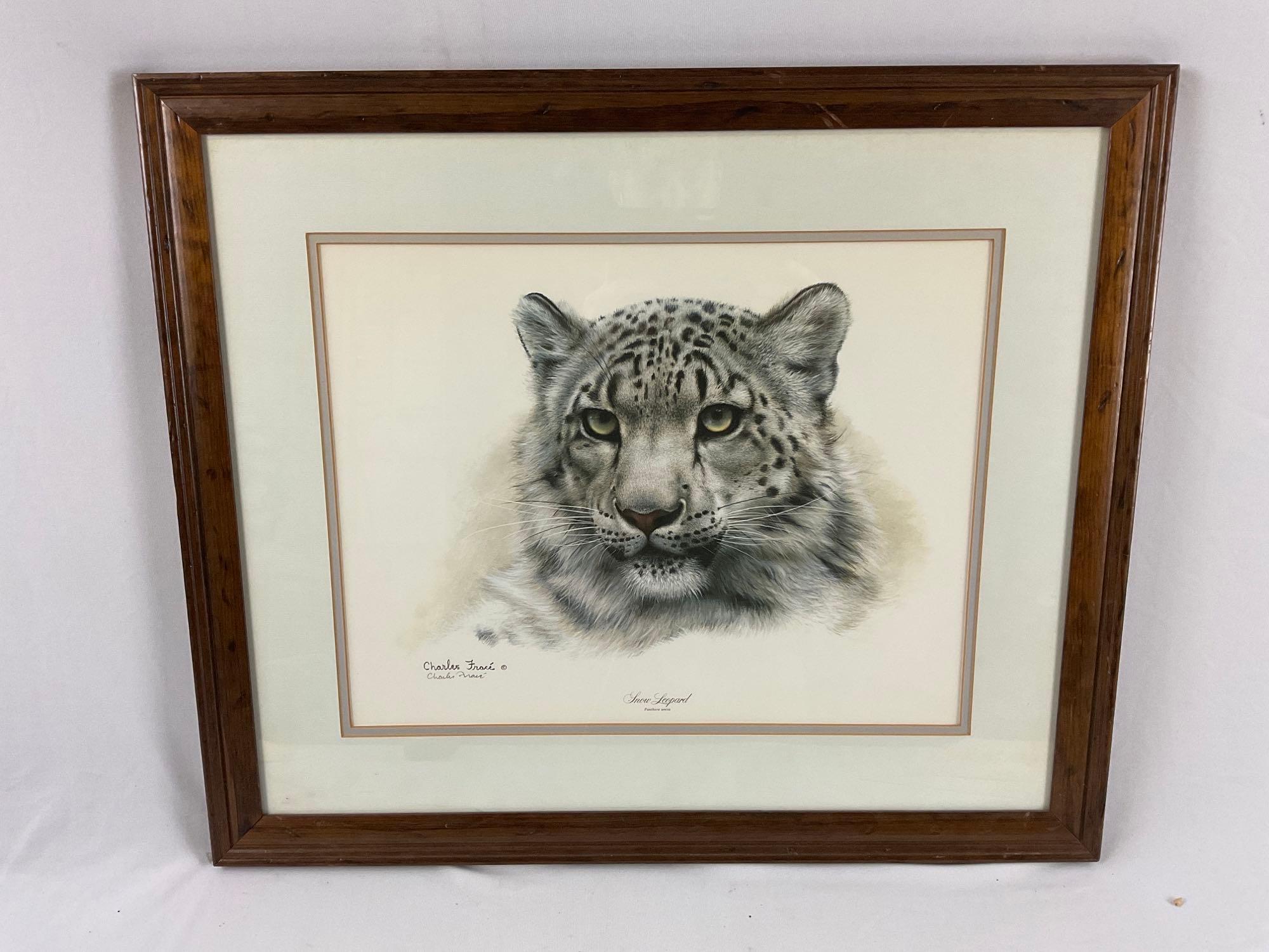 Framed vintage signed vintage art print SNOW LEOPARD by Charles Frace w/ folder/ paperwork