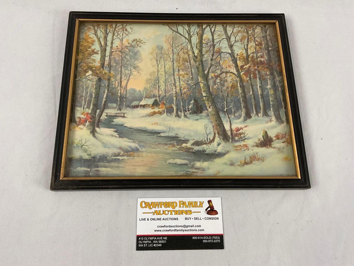 Framed vintage FOREST IN WINTER art print, approx 11 x 9 in. Made in USA
