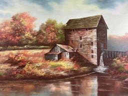 Large vintage framed canvas painting of an old mill by Tony Smith, approx 43 x 31 in.
