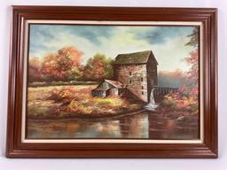 Large vintage framed canvas painting of an old mill by Tony Smith, approx 43 x 31 in.
