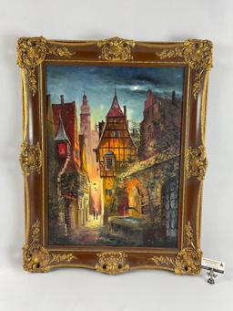 Large ornately framed original romantic European city canvas painting signed by artist, approx 31 x