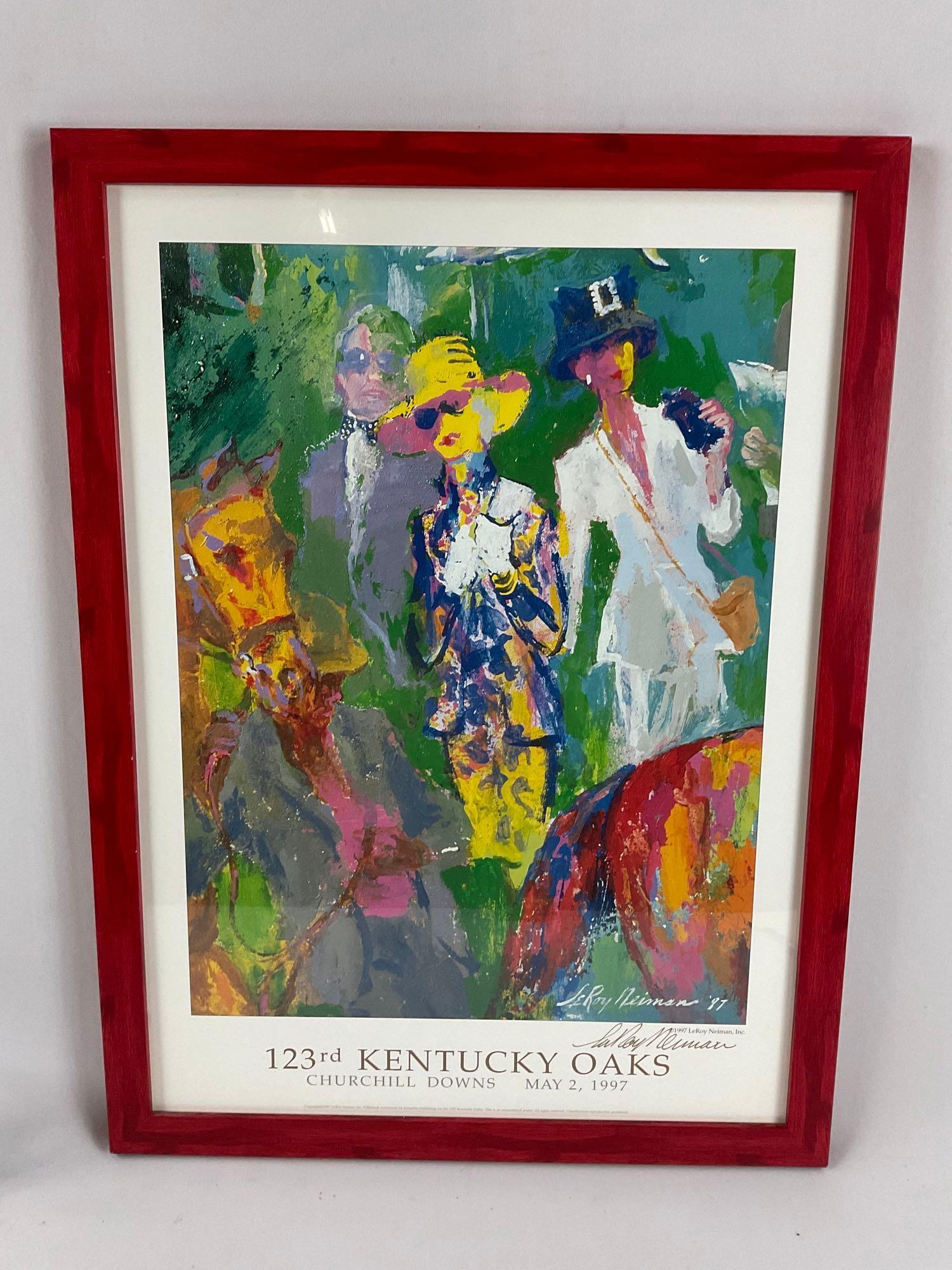 Framed signed 1997 gallery print 123rd KENTUCKY OAKS by LeRoy Neiman, approx 19 x 26 in.