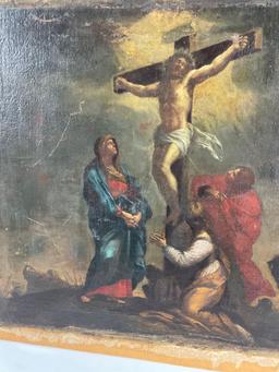 Antique canvas painting affixed to board of the crucifixion of Jesus Christ, Christian religious