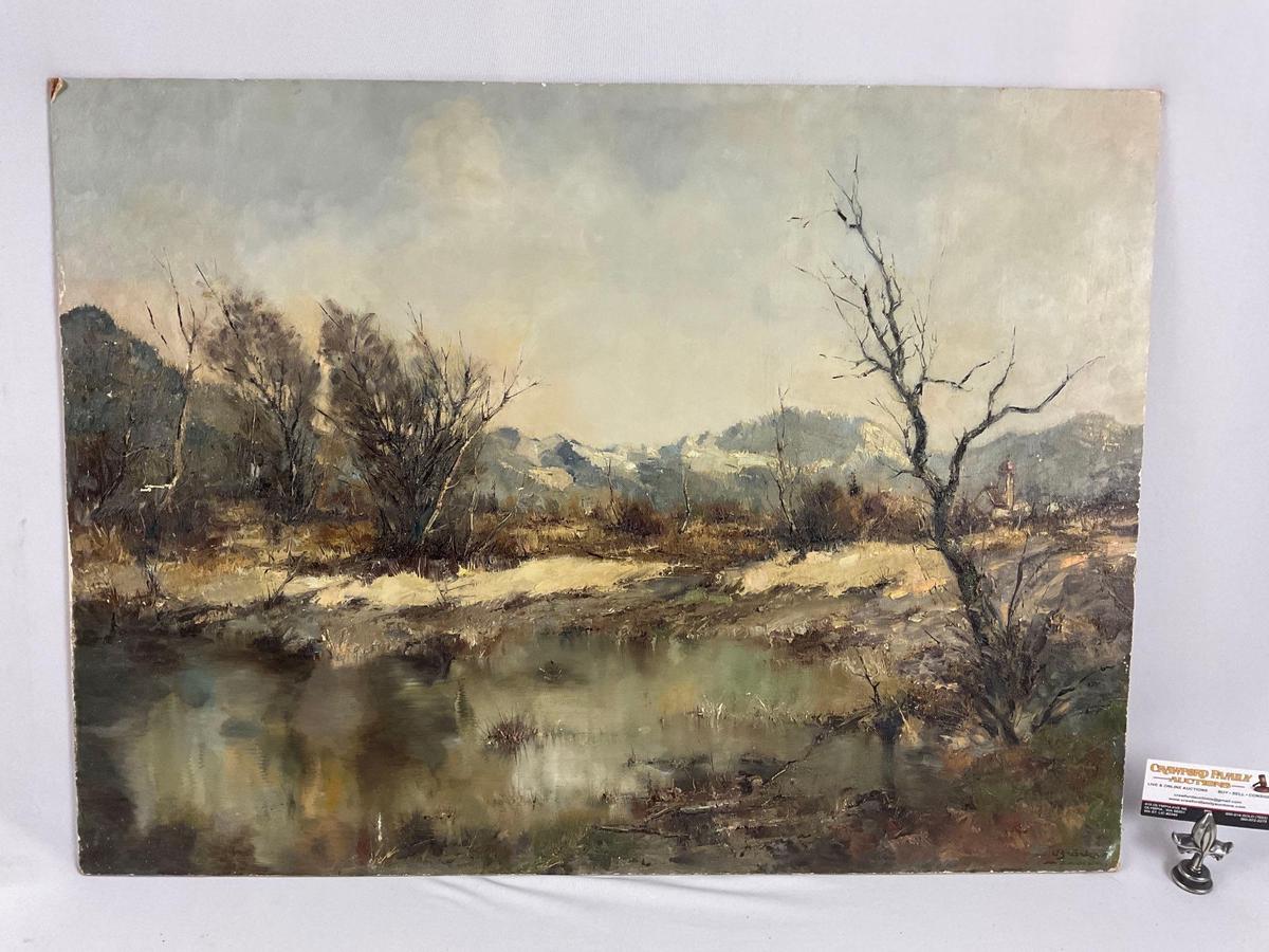 Vintage large unframed nature scene original oil painting on board by unknown artist