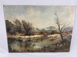 Vintage large unframed nature scene original oil painting on board by unknown artist