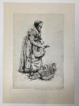 Vintage signed original silk etching GEMUSE FRAU by Professor Paul Geissler, approx 10 x 13.5 in.